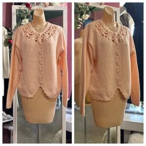 Vintage 80s Cardigan Sweater Orange Floral Cut Outs Oversized Grannycore S/M/L